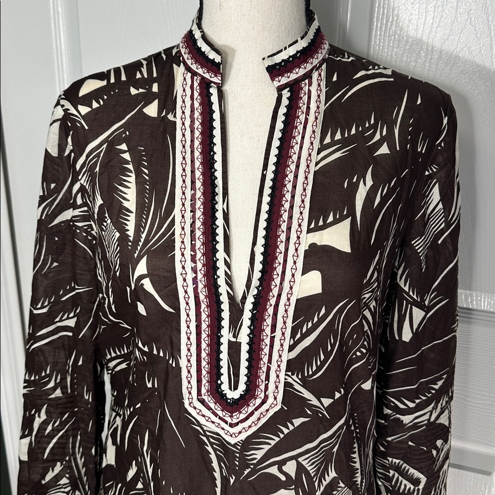 Tory Burch Beach Tunic Brown Palm Fronds Tropical Flamingo Size 6 Sequins - Picture 2 of 12